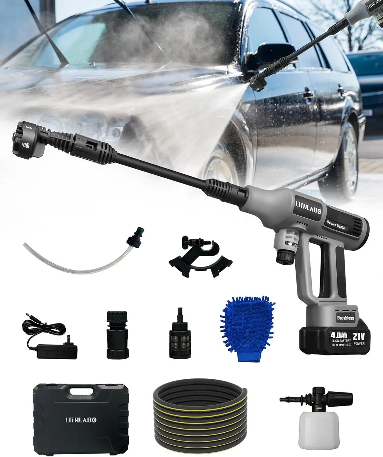 

Cordless Pressure Washer 1080PSI Portable for Car Wash & Outdoor Cleaning, Handheld with 6-in-1 Nozzle & Foam Cannon (1X 4Ah)
