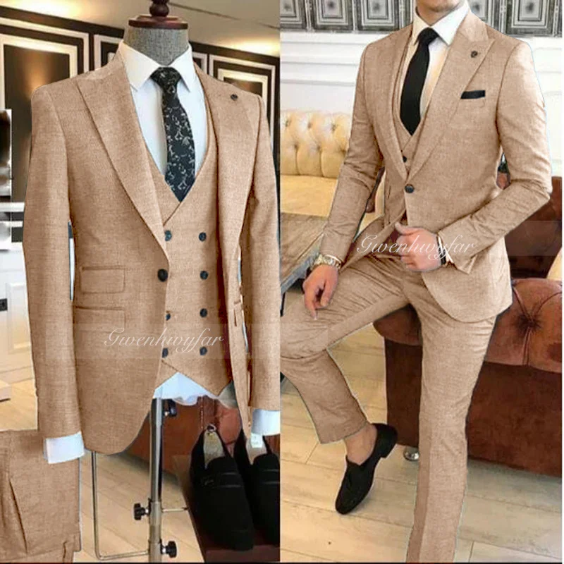 Gwenhwyar 3-Pieces New Khaki Men's Suit 2025 Pointy Lapel Slim Casual Tuxedo Groom's Tenor Men's Suit (Jacket+Pants+Vest) Party