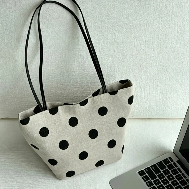 

Polka Dot Linen Tote Bag Korean Large Capacity Shoulder Bag Casual Summer Underarm Handbag Women Lightweight Daily Commute Tote