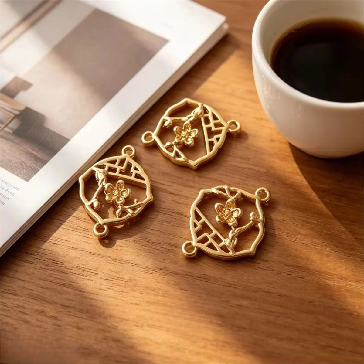 Brass 14K Gold Plated Plum Blossom Window Double Loop Connector Charms DIY Ancient Hairpin Earring Jewelry Accessories