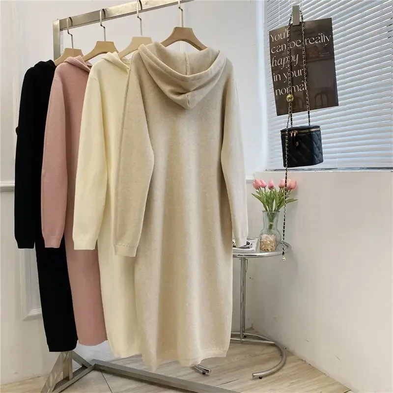 Knitted Hooded Dresses Women Y2k Kawaii Candy Color Long Sleeve Dress Loose Simple Autumn Winter Sweet College Midi Vestidos