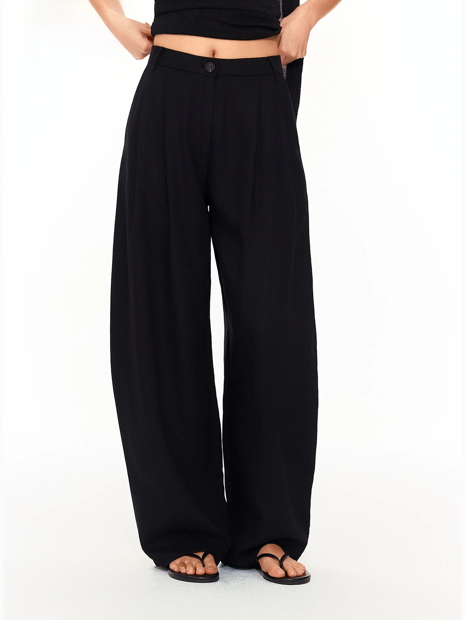 

Женские черные льняные брюки LUMIEN: универсальные, широкие, струящиеся, повседневные, весенняя новинка, для офиса, с естественной талией на пуговицах