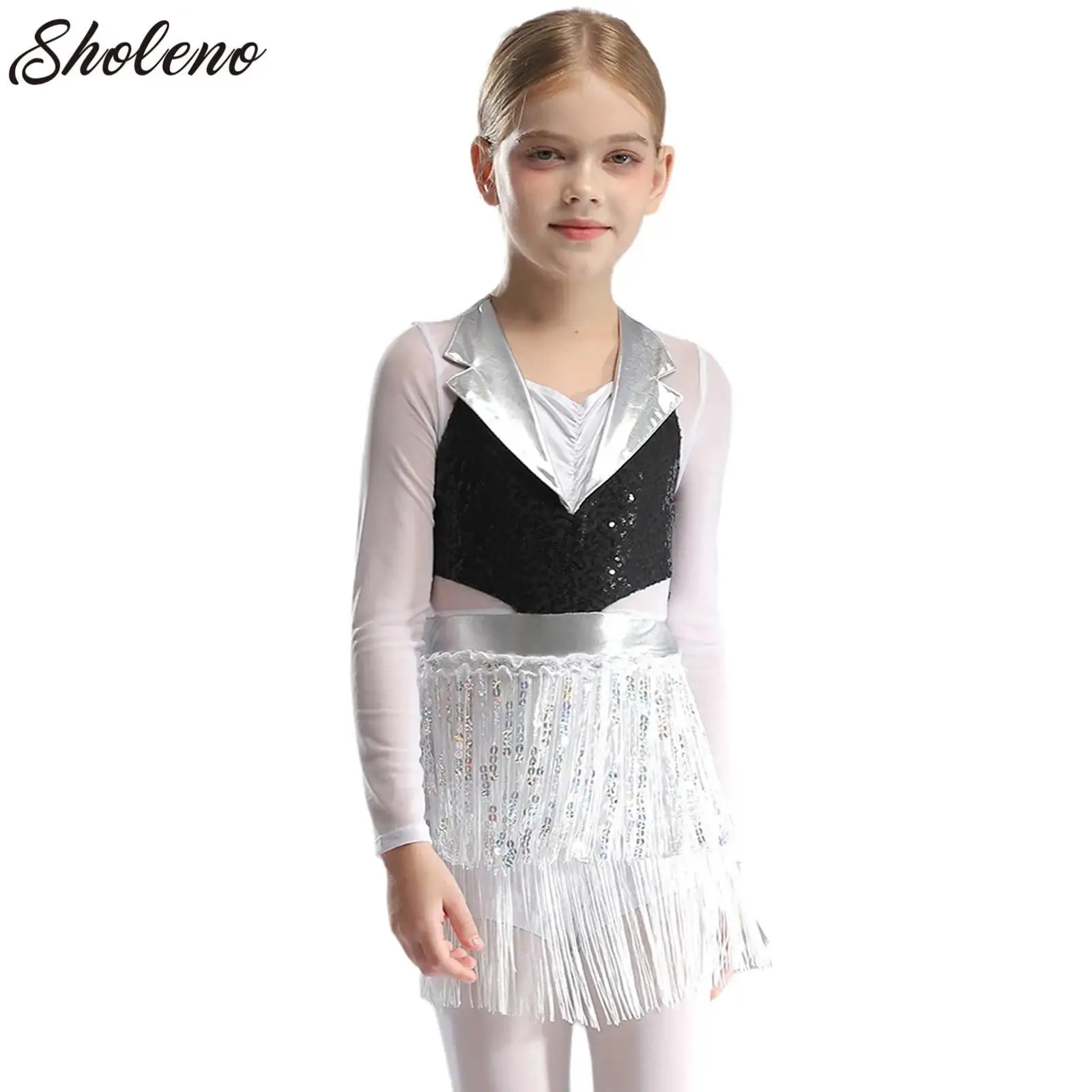 

Kids Girls Fringed Latin Dance Dress Modern Jazz Dance Leotard Sequins Gymnastics Figure Skating Bodysuit Performance Costume