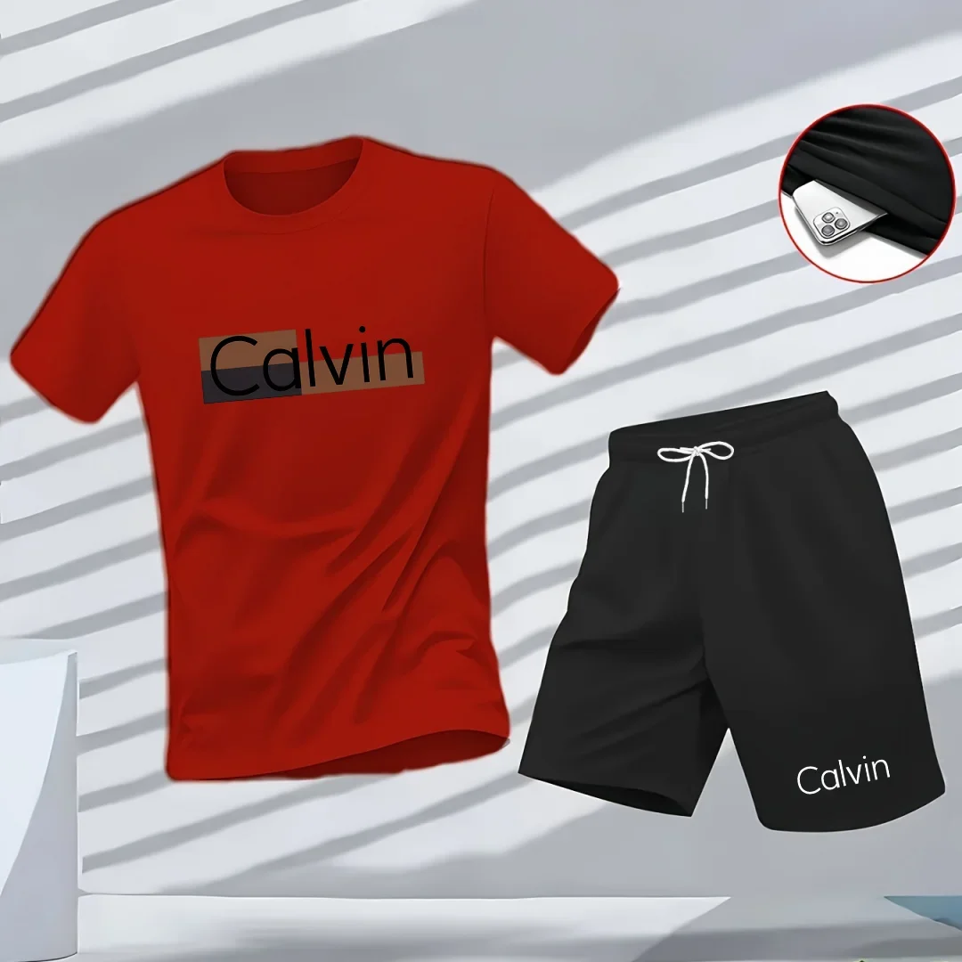 

summer A two-piece set of men's fashion casual sports and fitness pattern printed round-neck short-sleeved T-shirt top and short