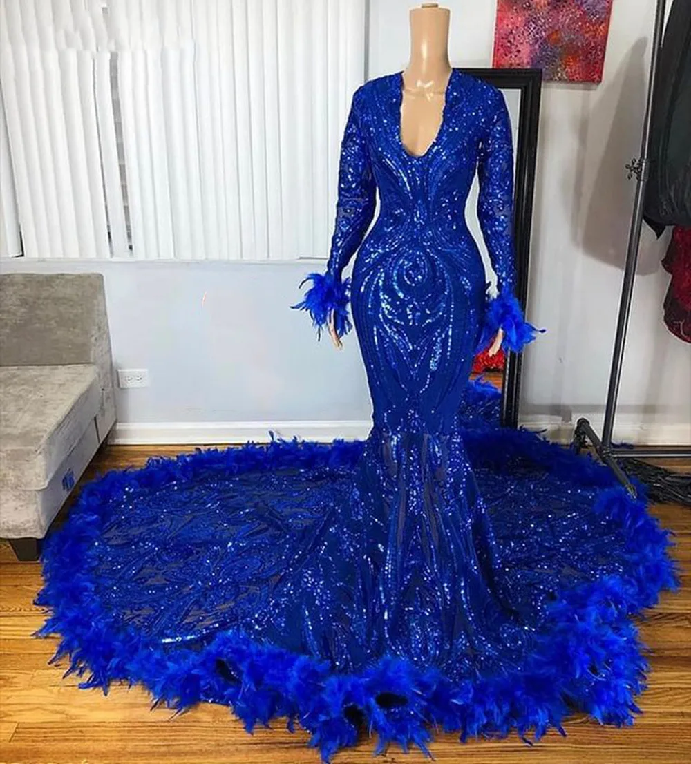 Abiti da sera a sirena a maniche lunghe trasparenti aso ebi ragazze nere africane abito da ballo lungo con paillettes blu Royal 2022 con piuma