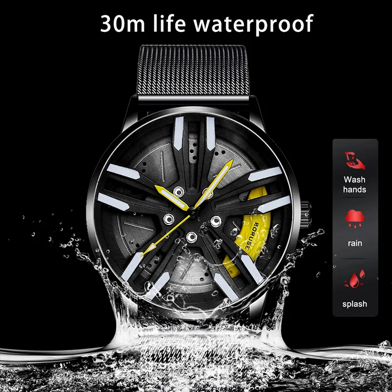 BORUSE Luxury Fashion Mens Car Wheel Watches Luminous Clock Men Mesh Belt Waterproof Quartz Wrist Watch montre homme