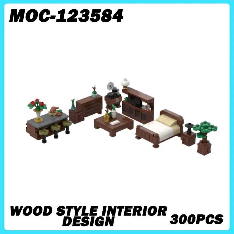 MOC-123584 Micro Architecture Wood style interior design Building Blocks, DIY Model Bricks Puzzle Toys Brick Birthday Gifts 300P