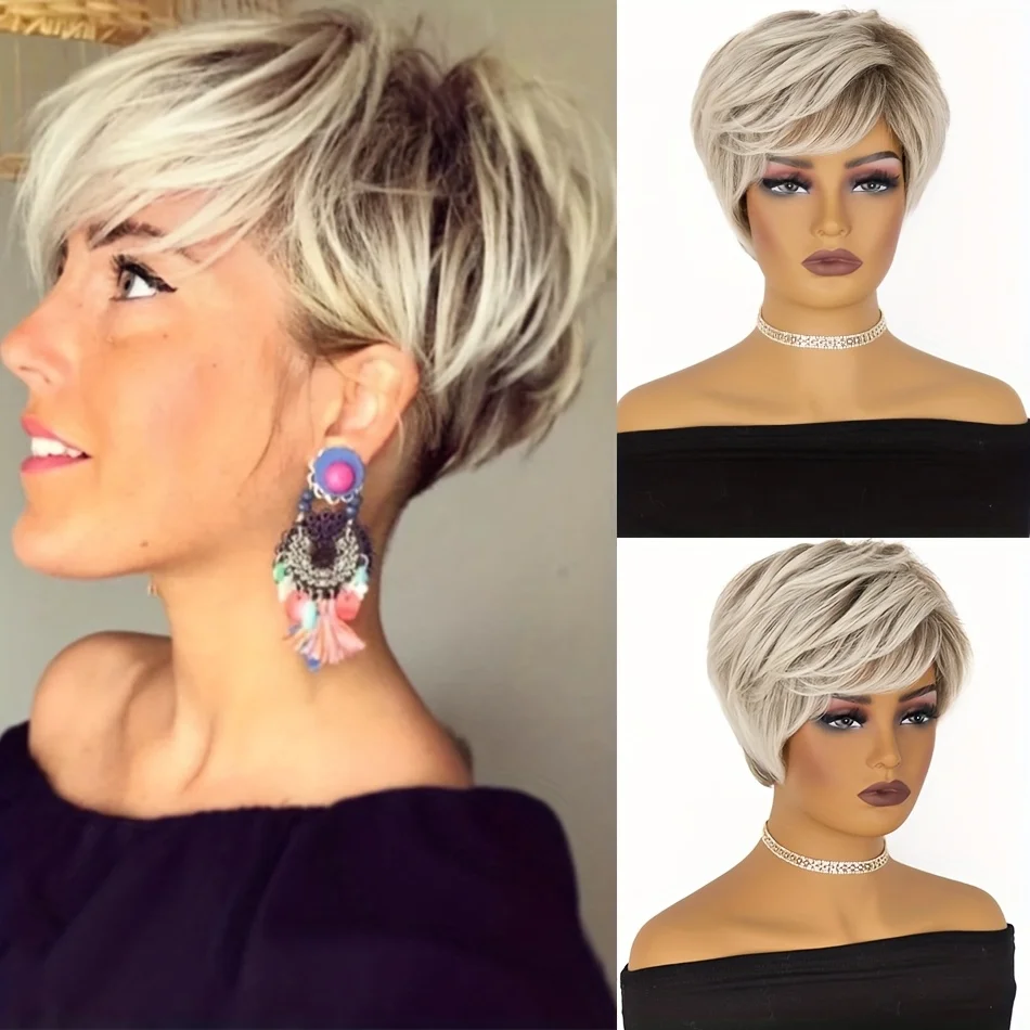 Women's short gray wig off-white elf tailoring wig Deep root layered synthetic fiber short hair Wig Daily wear