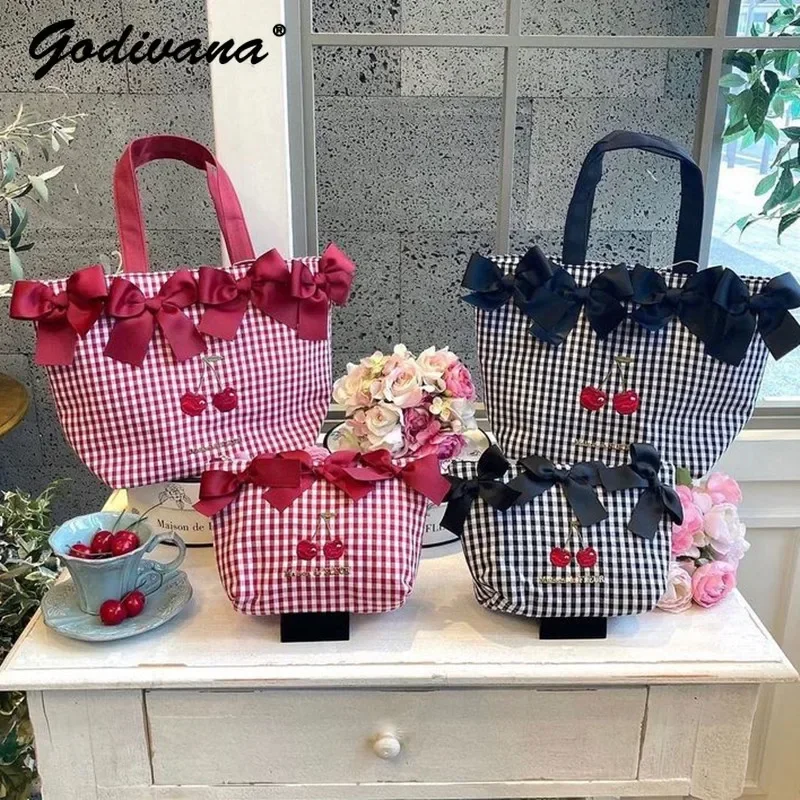 Japanese Style Small Cherry Embroidery Portable Plaid Luch Bag Students Handheld Bowknot Makeup Bag Casual Shoulder Bags