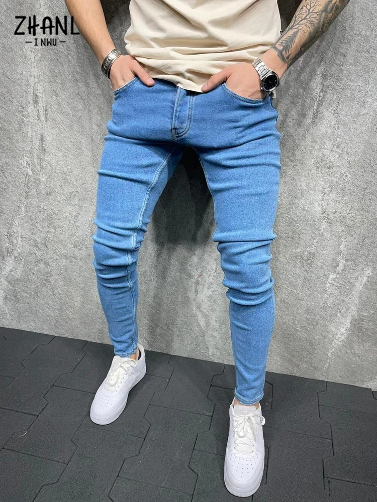 Pantalones vaqueros ajustados de cintura elástica para hombre, pantalones vaqueros elásticos sin roturas, ropa de calle, color azul, novedad de 2022