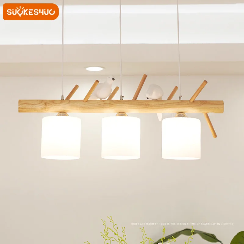 SUOKESHUC Nordic Modern Simple Solid Wood Pendant 220V Glass Shade Restaurant Living Room Creative LED Wooden Bird Chandelier