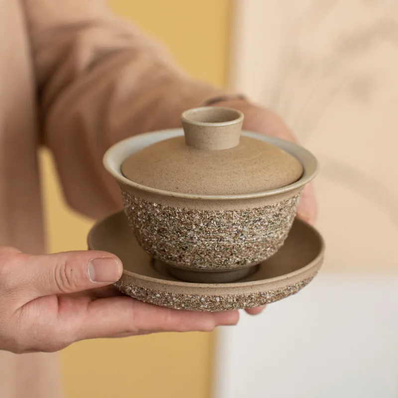 Pure Handmade Sandstone Three Cover Bowl Teacup Single Ceramic Coarse Pottery Tea Cup Is Not Hot Kung Fu Tea Set