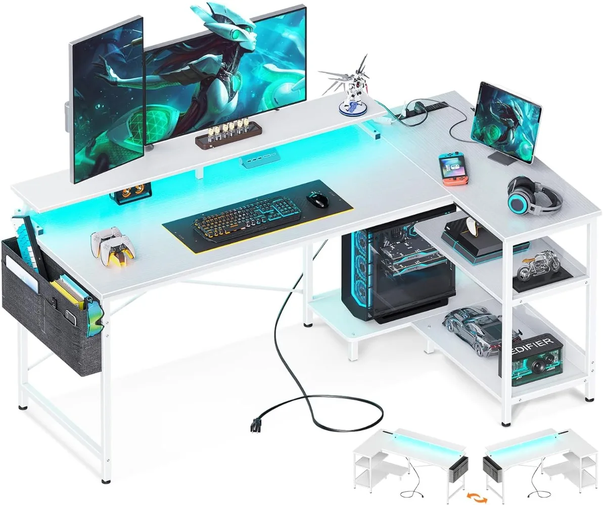 

ODK 58 Inch Gaming Desk with USB Charging Ports and LED Lights, Reversible L Shaped Computer Desk with Storage Shelves & Monitor
