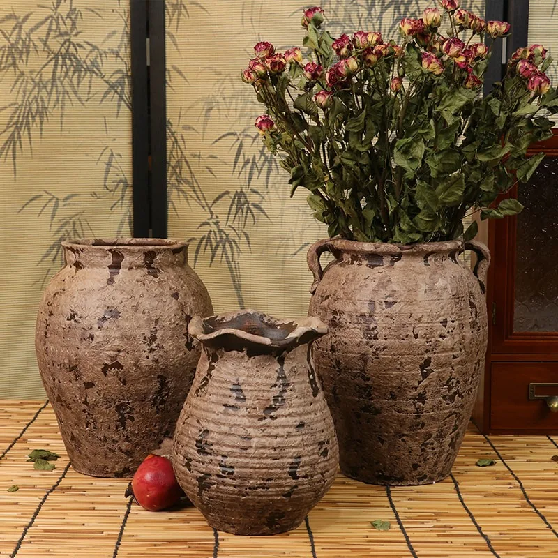 Coarse pottery pot vase retro matte rough surface dried flower pot creative hydroponics personalized pottery living room decorat