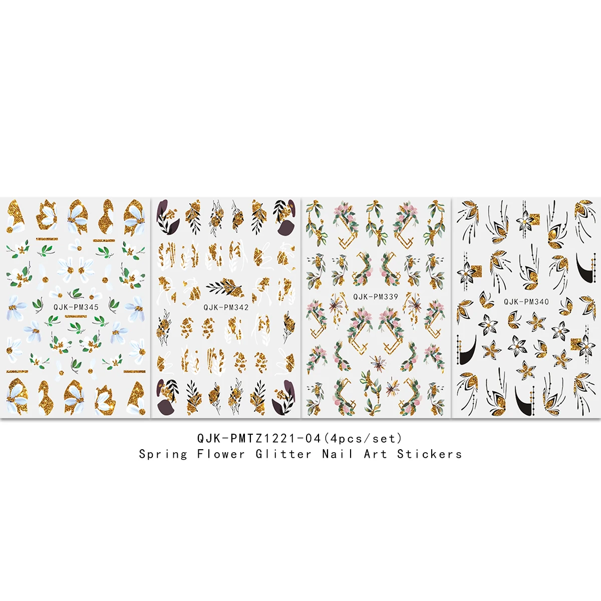 4pcs spring floral French gold glitter nail art stickers, easy to apply for nail decoration, DIY, gift, party makeup styling