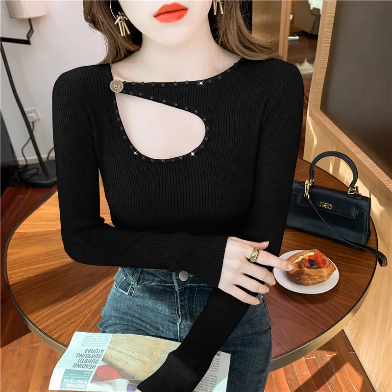 Ladies Fashion Irregular collar Nail bead Basics Sweater Women Spring Autumn Fashion Casual Woman Female OL girls Cute Pullover