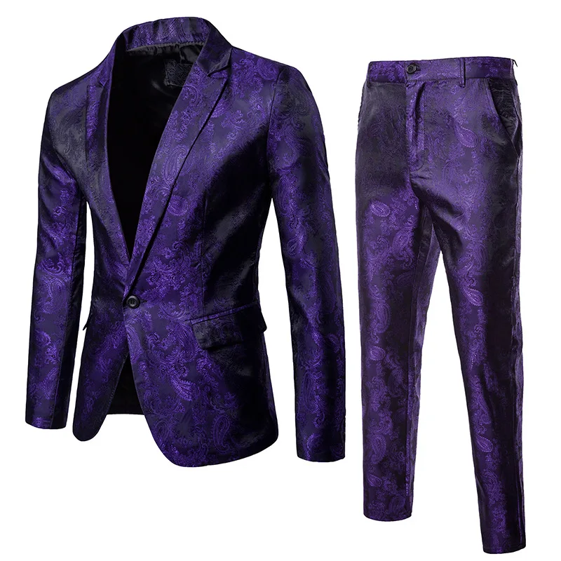 Wine Red Paisley Suit (Jacket+Pants) Men Nightclub Fashion Blazers Single Breasted Mens Suits Stage Party Wedding Tuxedo Blazer