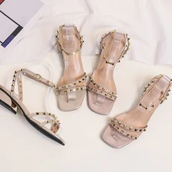 2024 Summer Women 3.5cm High Heels Pumps Designer Studded Roman Square Toe Sandals Casual Sexyclub Party Dancer Pink Shoes