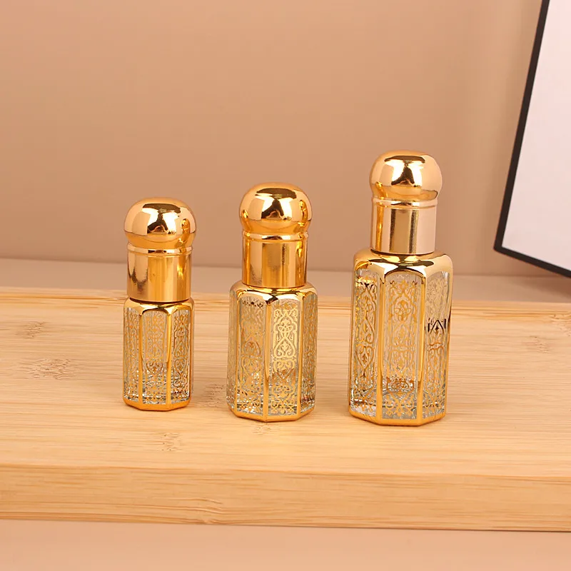 3/6/12ml Luxury Golden Electroplated Carved Glass Refillable Perfume Bottle Empty Essential Oil Bottle Cosmetic Sample Container