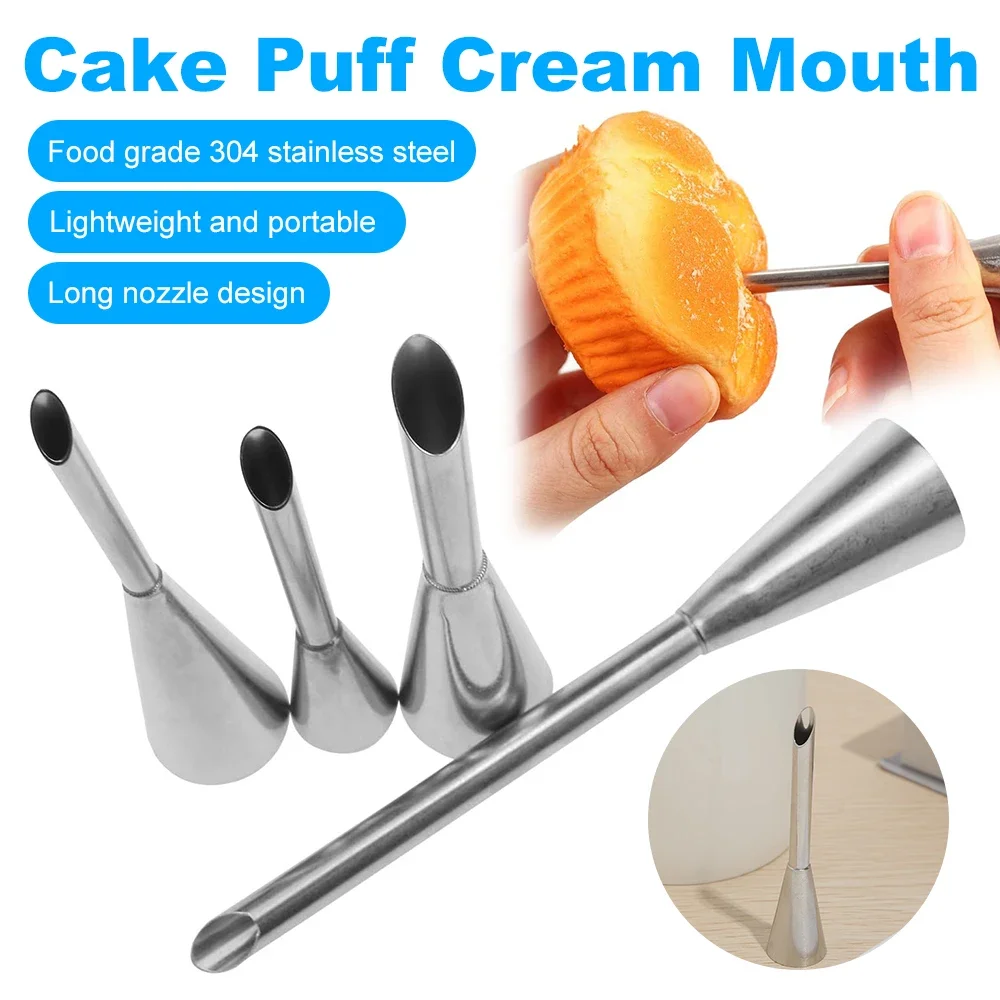 4pcs Cake Puff Cream Mouth Stainless Steel Long Nozzle Design 4 Sizes Reusable Baking Kitchen Tool