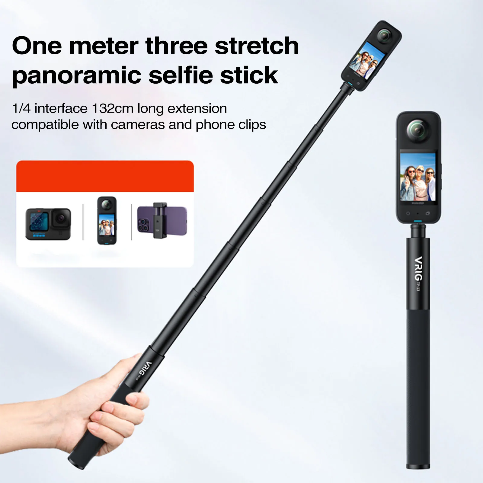 VRIG UURIG TP-13 Invisible Selfie Stick for Insta360 ONE X3, X2, X,ONE R, RS Action Camera W/ 1/4\