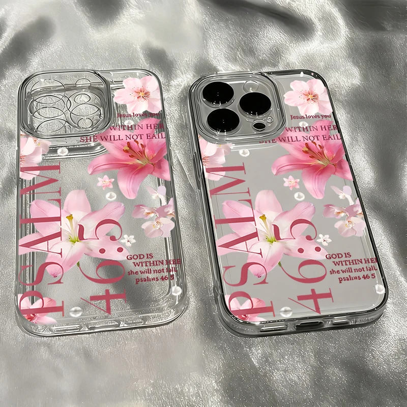 God Is With Her Pink Floral Aesthetic Pattern Clear Phone Case For Samsung Galaxy S26 S25 S24 S23 Ultra 5G S26 Plus S25 FE Cover