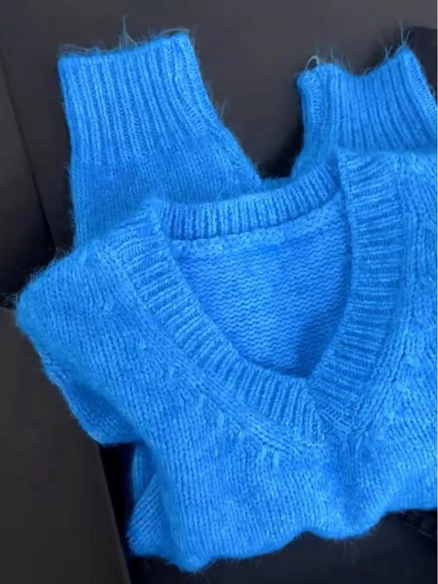 فضفاض طويل Sve V-Ne محبوك سترة المرأة الخريف الشتاء جديد Sle لينة كسول الأزرق الأعلى مريحة تناسب قسط Quali