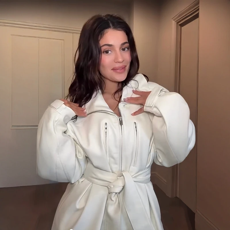 

KHY Street Sle Zipper Artificial Leather Jaet Collaborative Motorcycle Wind Collar Coat Loose Fit ort Length