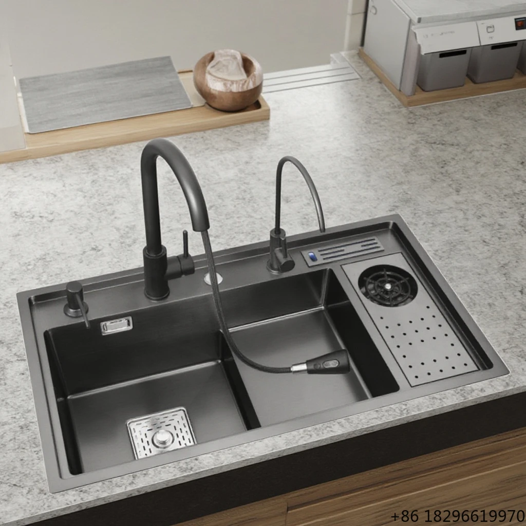 304 Stainless Steel Double Bowl Kitchen Sink High Pressure Waterfall LED Digital Anti-Scratch Nano