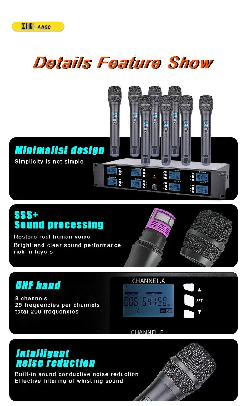 XTUGA A800 ボーカル録音ストリーミングコンデンサー プロフェッショナル8チャンネルワイヤレスマイクシステムヘッドセット