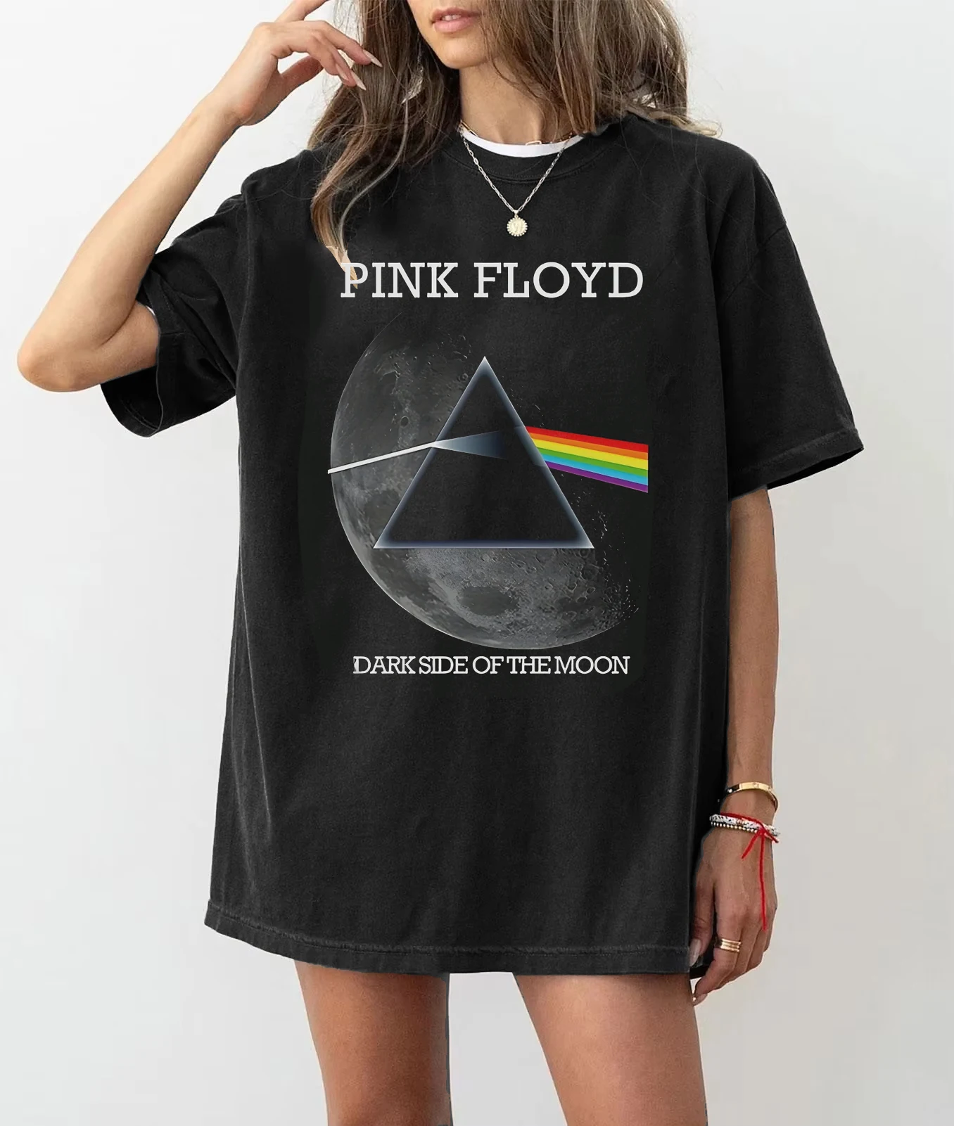 

Men's Casual T-Shirt Black - Pink Floyd Dark Side of The Moon Album Art Print with Rainbow Triangle & Moon Design, Crew Neck