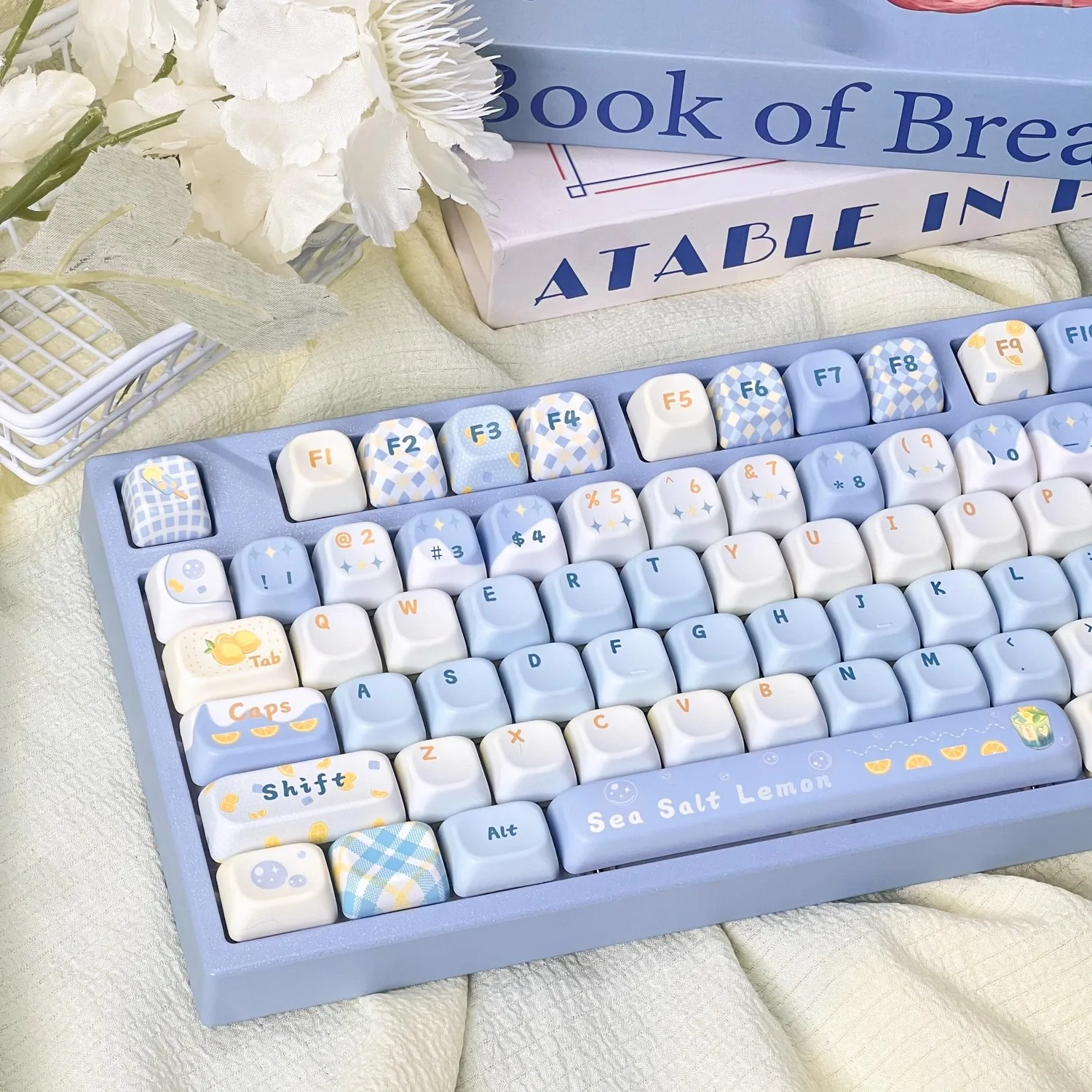Sea Salt Lemon Keycaps Cherry Pbt Full Five-Sided Thermal Sublimation Customized Mechanical Keyboard Blue Cute Keycaps 145Keys