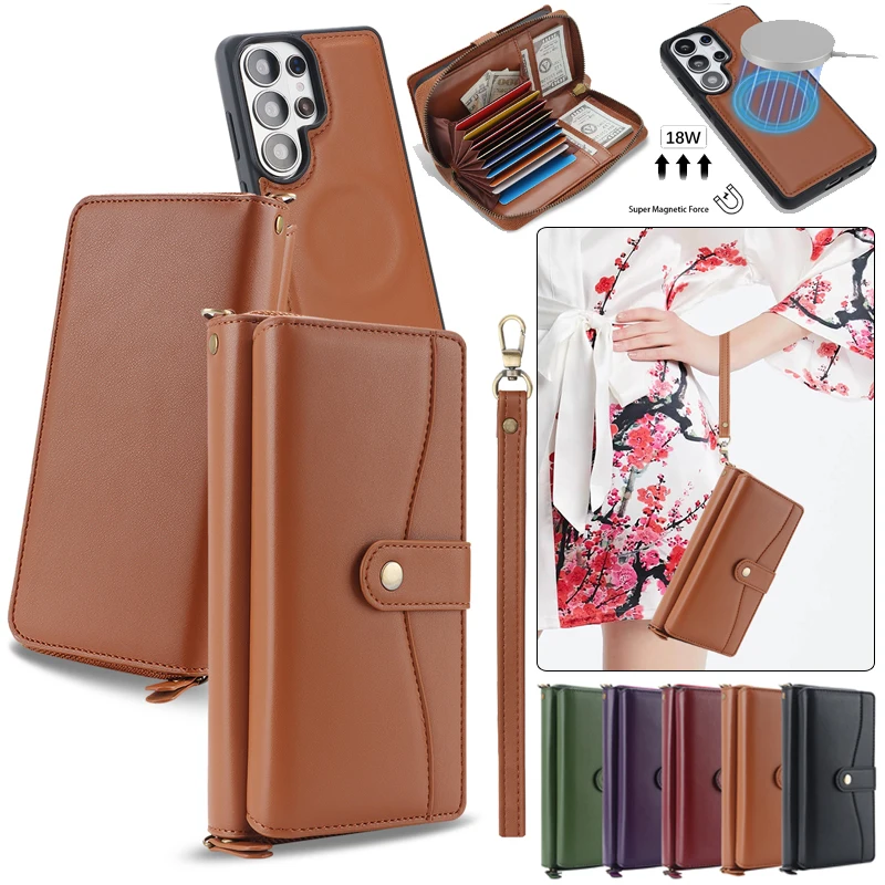 Wrist Strap Leather Wallet Phone Case for Samsung Galaxy S26 Plus S25 Ultra S24 2 IN 1 Detachable Zipper Cards Holder Cover Etui