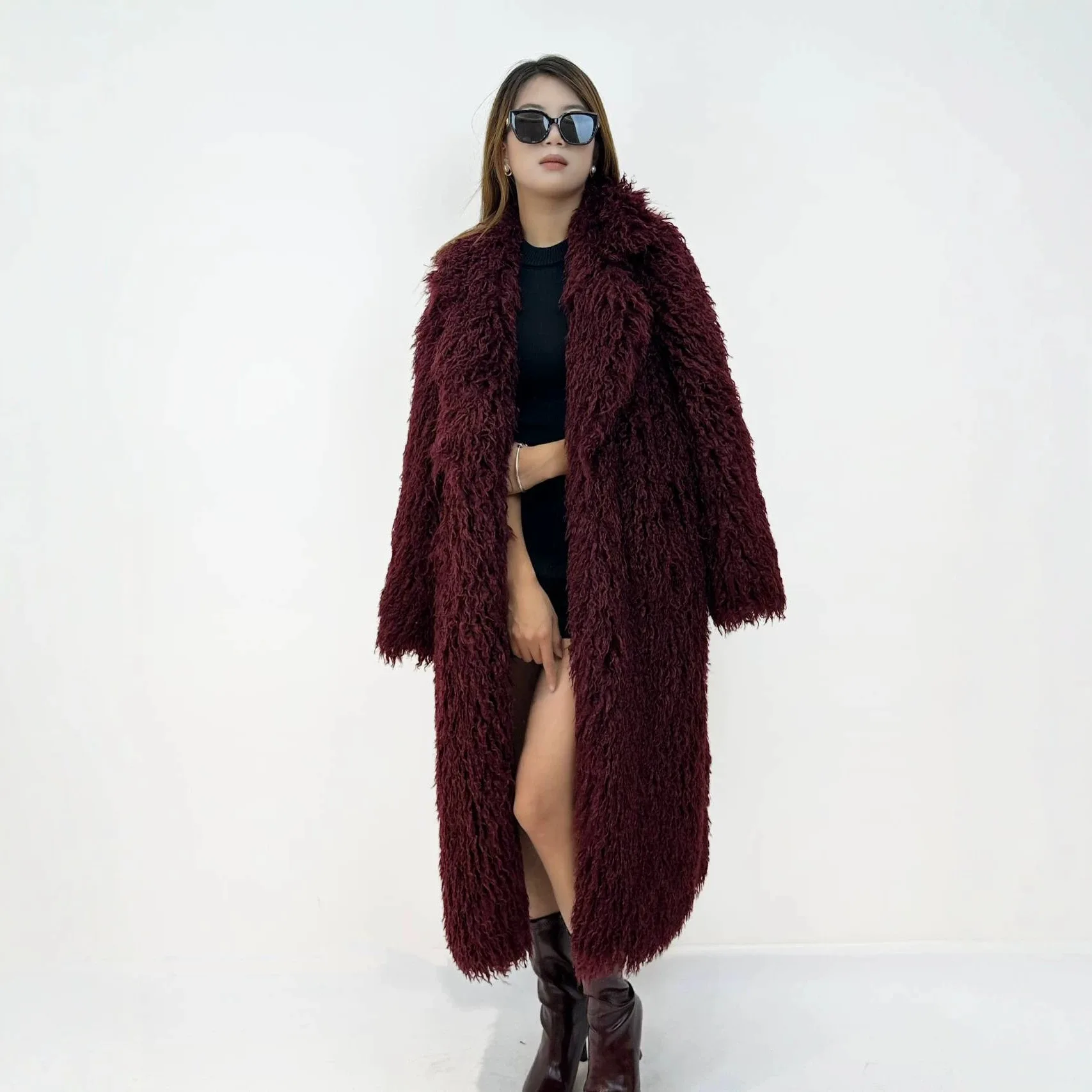 Women Faux Curly Lamb Fur Long Coat, Fluffy Furry Maxi Overcoat, Lapel Collar Warm Winter Fashion Outerwear
