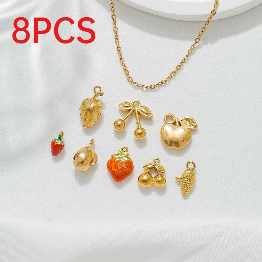 8Pcs Stainless Steel Fruit Charms Cherry Strawberry Apple Pendants DIY Jewelry Keychain Making Accessories