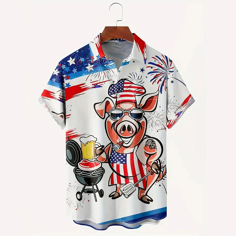 

American Flag Funny Bbq Pig 3d Print Shirt Hawaiian Casual Shirts Plus Size Men's Lapel Collar Short Sleeve Summer Clothing