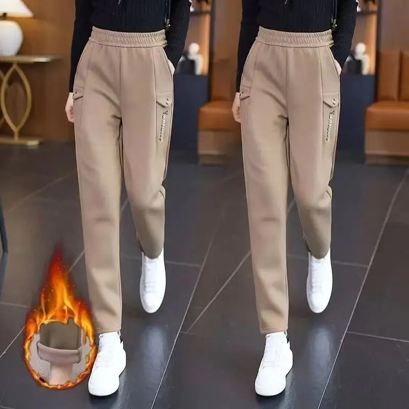 

Anti-Aging Women's Straight Leg Pants Autumn Winter Thickened Fleece Elastic Waist Loose Fit Casual Trousers Harlan Style