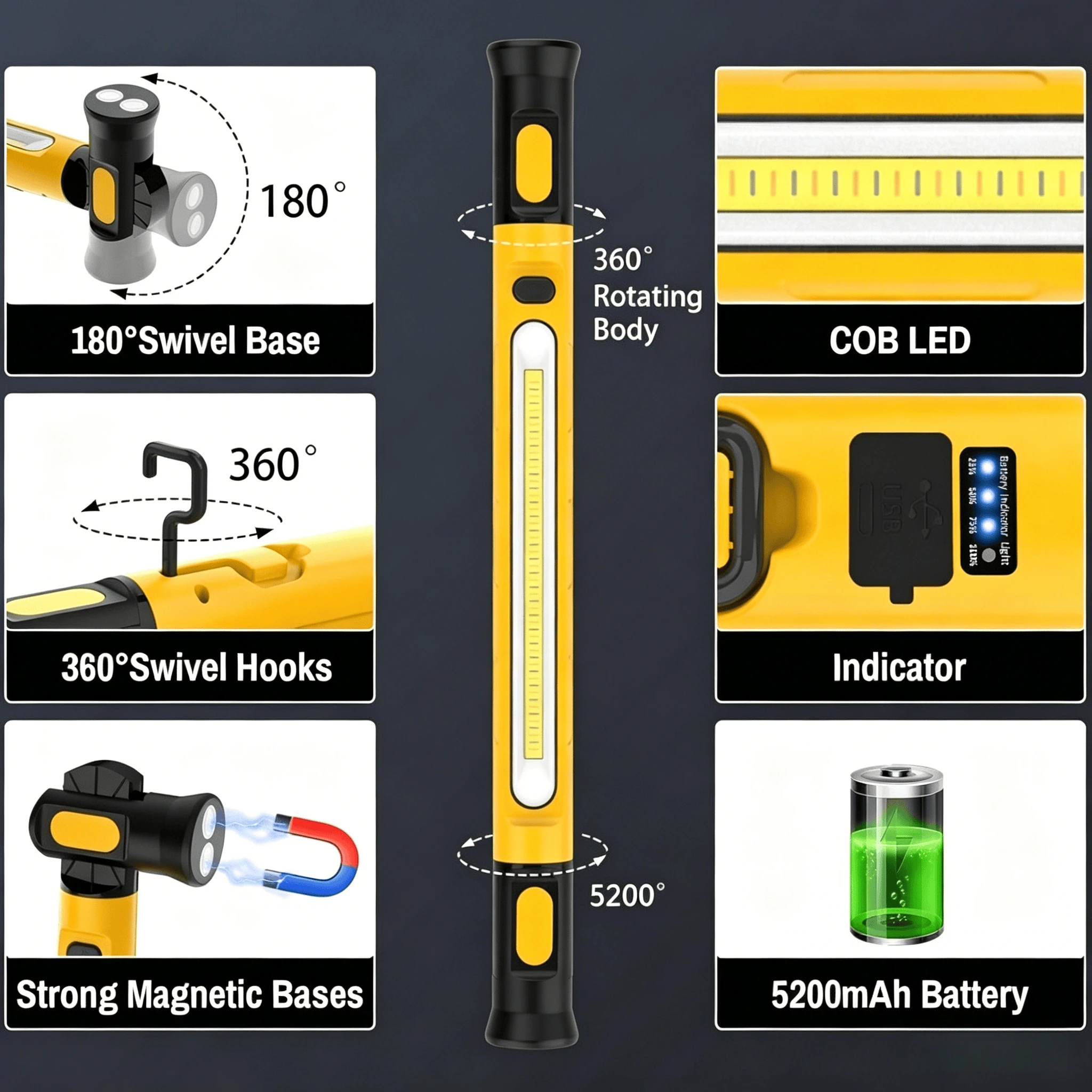 Rechargeable COB Work Lamp Bar with Hooks Rotating Magnetic Base 3 Modes Worklight For Car Repairing Emergency Outdoor Lighting