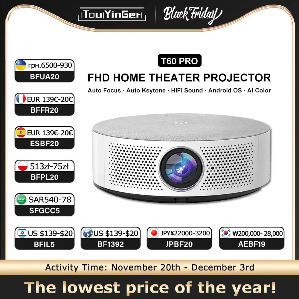 Touyinger T60 pro foco automático Full HD 30000 lúmenes 1080P proyector para 4K 5G WiFi cine en casa proyector