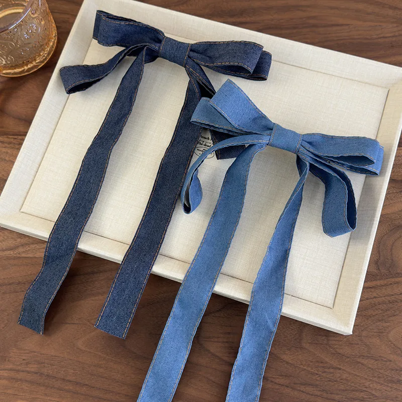 

1pc 2026 New Korean 3D Bow Hair Clip Denim Blue Ribbon Design Unique Sweet Hair Accessory for Women Back of Head