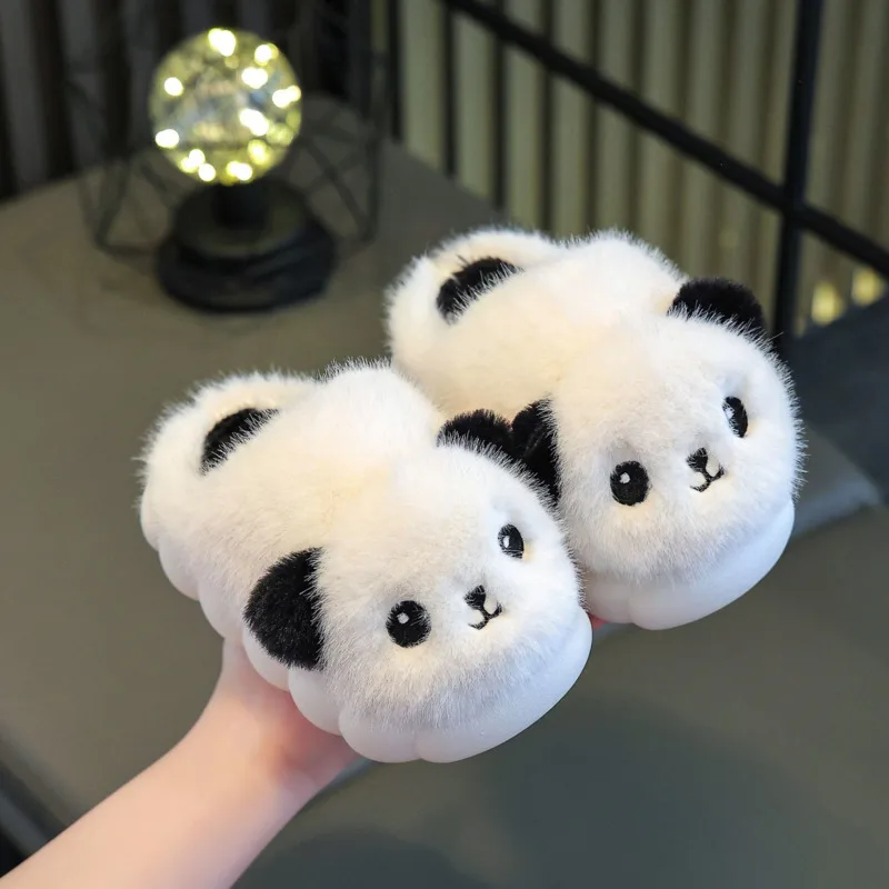 New Cute Panda Children Slippers Winter Cartoon Plush Warm Baby Boys Girls Slippers Soft Bottom Toddler Kids Indoor Shoes