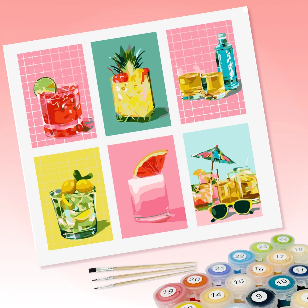 6 pieces of DIY coloring paintings featuring fruity iced tea, simple and fresh style, suitable for home wall decoration.