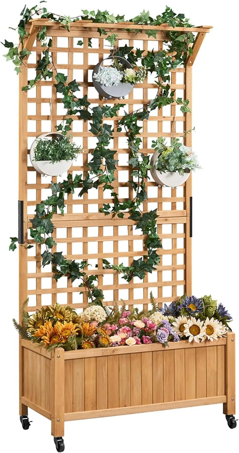 

72" H Horticulture Garden Planter with Trellis for Vine Climbing Plants Garden Box Outdoor w/Drainage Holes Raised Garden Bed Garden Planter Box for Flowers, Herbs Light Brown