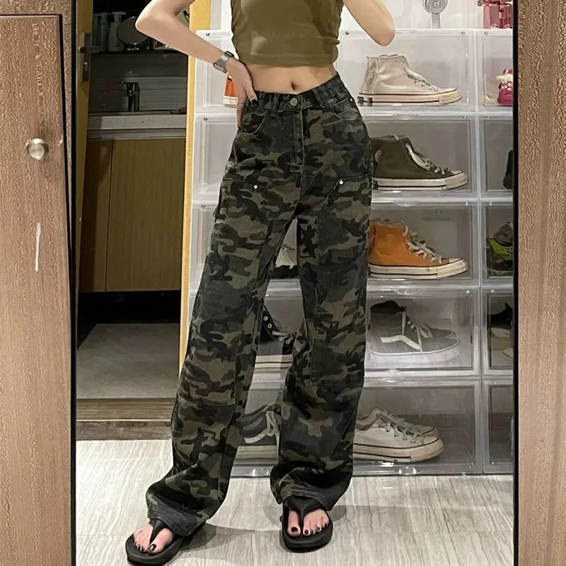 Primavera autunno sciolto moda Casual Camouflage Denim pantaloni Cargo femminile a vita alta tutto-fiammifero pantaloni dritti abbigliamento donna