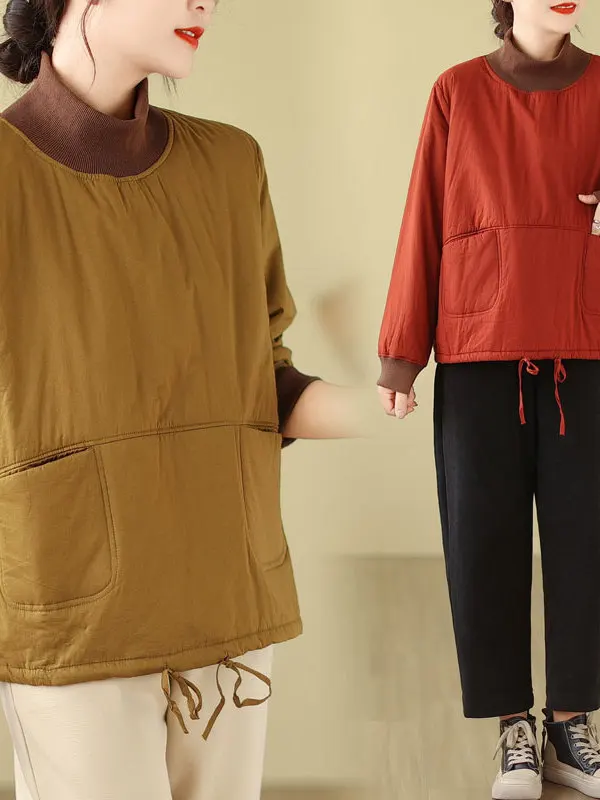 

Хлопковая женская куртка в стиле ретро, свободная толстовка с высоким воротником, внутренняя одежда, топ на зиму, удобная утягивающая основа, L...