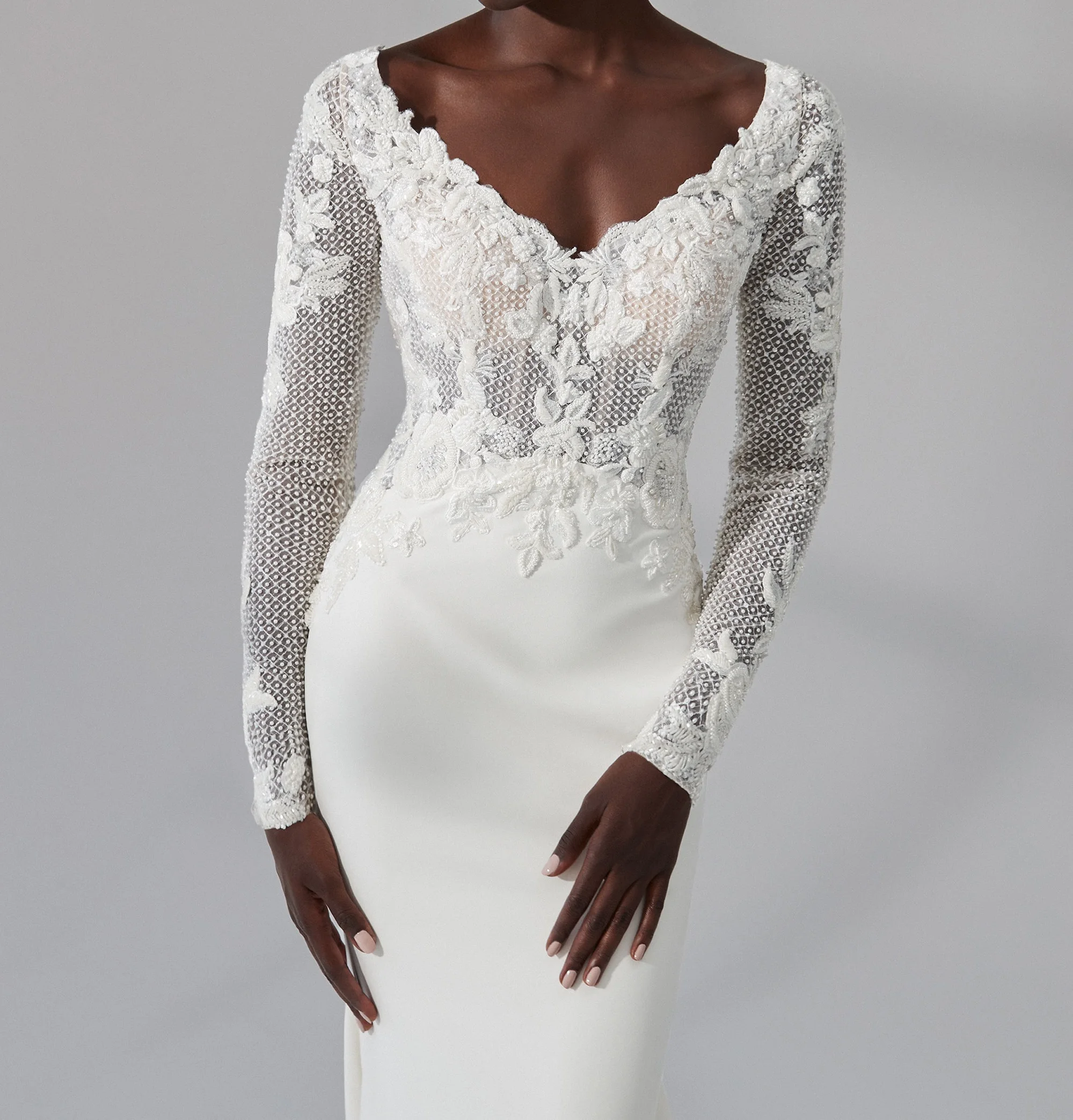 Customized Elegant V-Neck Crepe Mermaid Wedding Dress with Long Mesh Lace Sleeves Deep Open Back Bridal Reception Fitted Sparkly