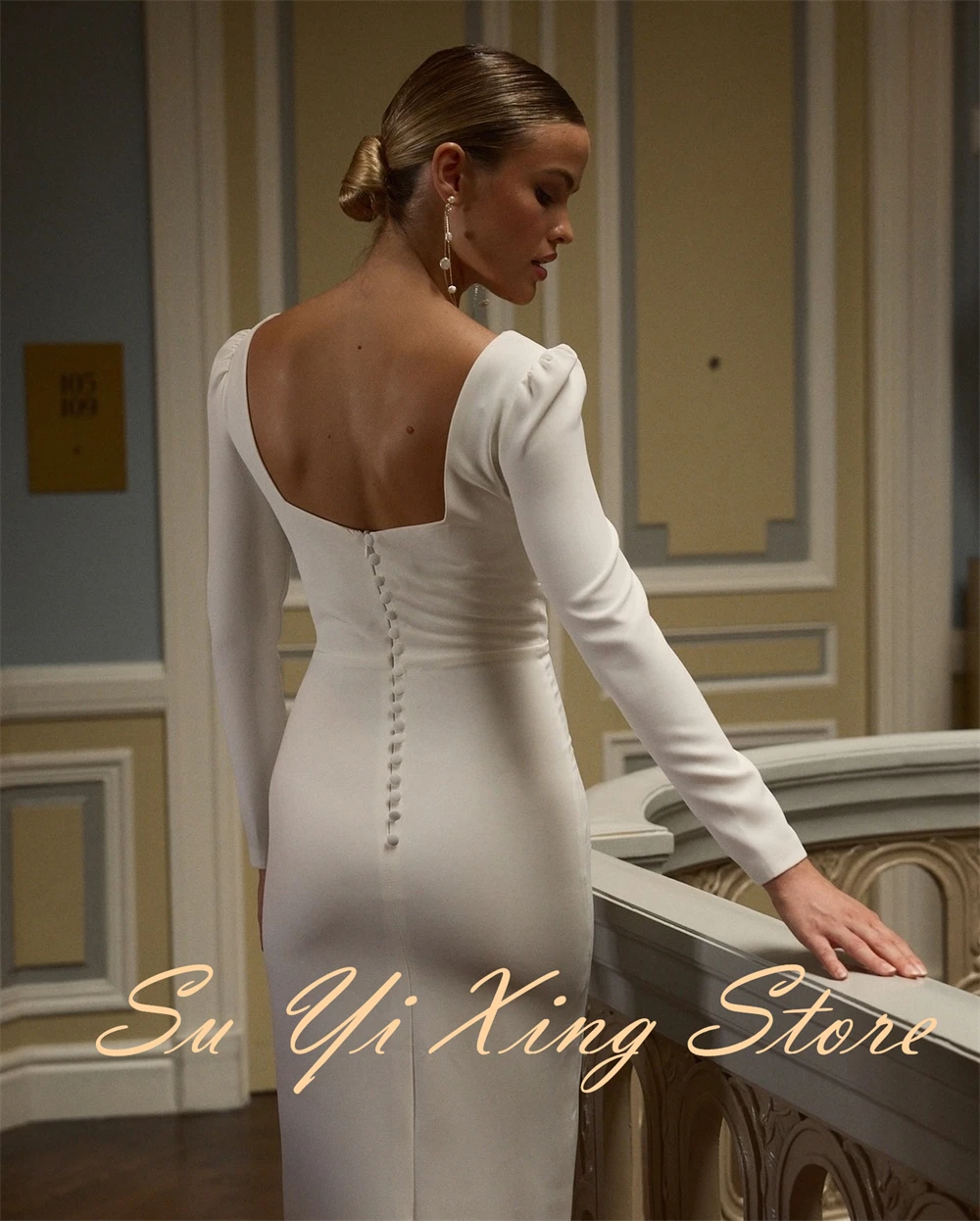 Customized  Graceful Square Collar Long Sleeves Evening Dress Delicate Buttons Back Celebrity Gowns Classic Side Slit P
