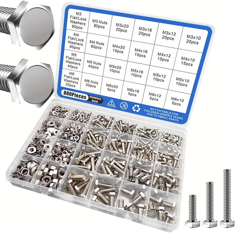 800pcs Set External Hex Screws Bolts Nuts Washers Spring Washers M3 M4 M5 M6 Sizes Metric Tapered Screw Thread Tools Kit