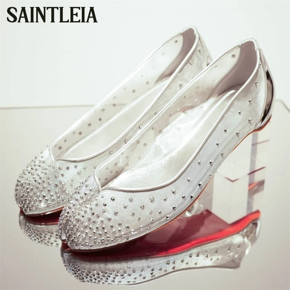 Strass Mesh Patent Leather Ballerinas Luxurious Style Rhinestone Flats Novelty Style Tabi Pointed Toe Slip-On Shoes for Women
