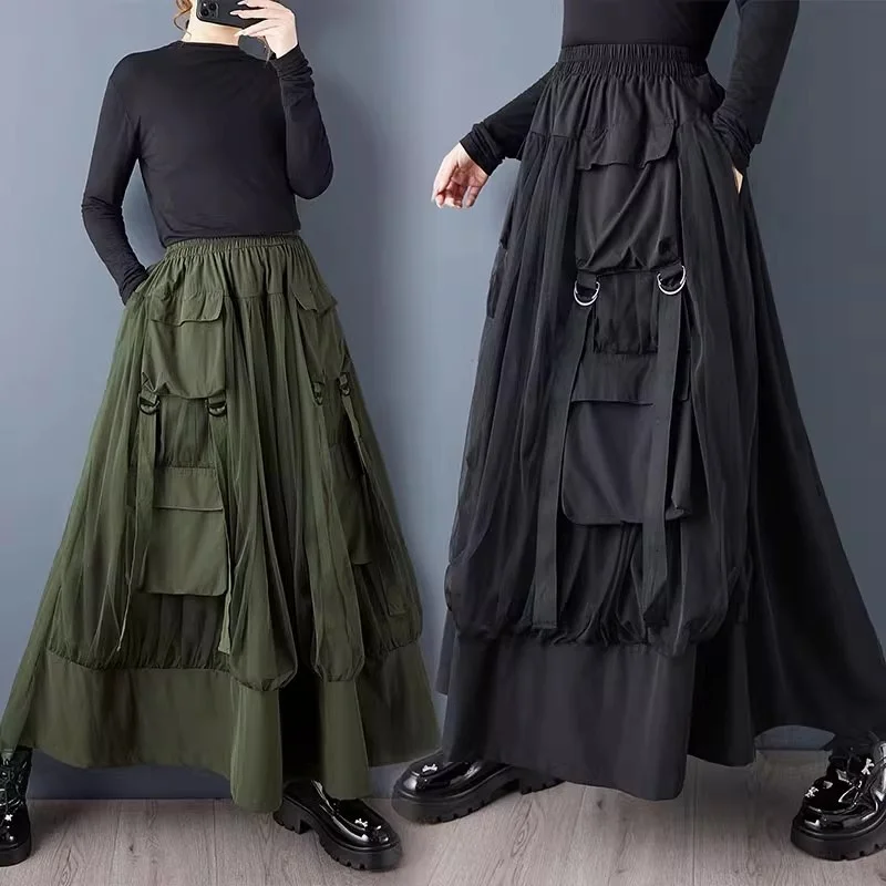 

Spring And Autumn Skirt Women Dark Style Mesh Splicing Large Pocket Loose Versatile A-Line Skirt Solid Color Oversized w1557